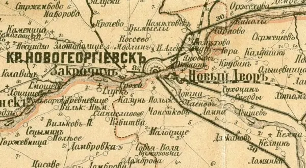 Fragment mapy z miejscowościami, m.in. Kr. Nowogeorgievsk, Nowy Dwór. Widoczne rzeki i drogi. Mapa pochodzi z okresu, gdy obowiązywał kalendarz juliański.