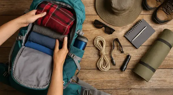 Preparando el equipamiento para el Camino de Santiago: mochila, ropa, botas, sombrero, gafas de sol, cuerda, linterna, libreta y esterilla.