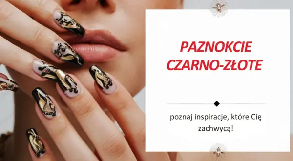 Eleganckie paznokcie czarne ze złotym zdobieniem, przypominające skrzydła motyla. Inspiracja dla odważnych.