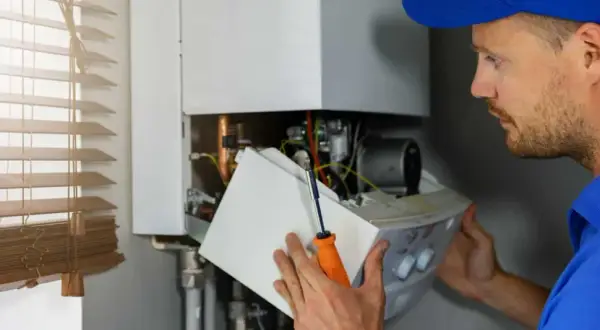 Un technicien examine l'intérieur d'une chaudière à gaz. Il tient un tournevis et une partie de l'appareil.