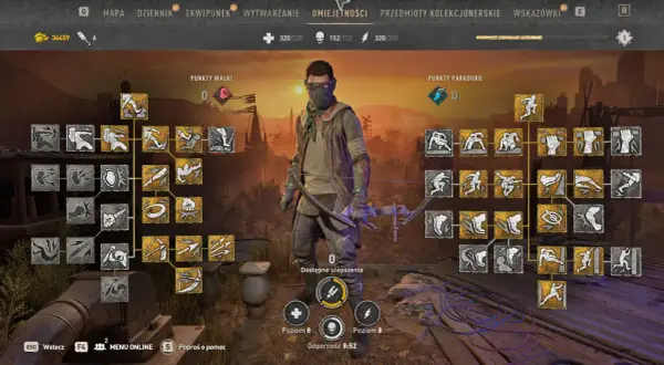 Gracz przegląda drzewko umiejętności w grze Dying Light 2. Widoczne są punkty walki i parkouru, a także dostępne ulepszenia.