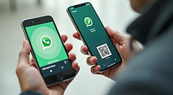 Dwie osoby trzymają telefony, jeden pokazuje logo WhatsApp, drugi kod QR. To ilustracja, jak przenieść WhatsApp na nowy telefon.