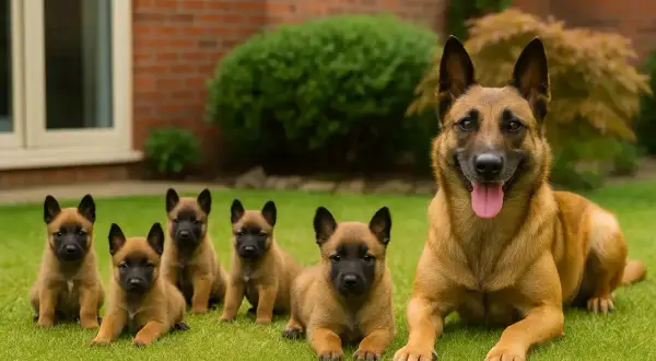 Mama owczarka belgijskiego i jej szczenięta, wszystkie w typie malinois. Różne rodzaje owczarków belgijskich to fascynująca rasa.