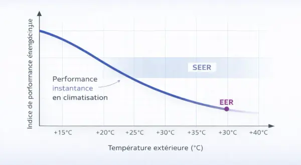 Courbe de performance d'une cop pompe à chaleur. L'indice d'efficacité énergétique (EER) diminue avec la température extérieure. Le SEER représente une moyenne.