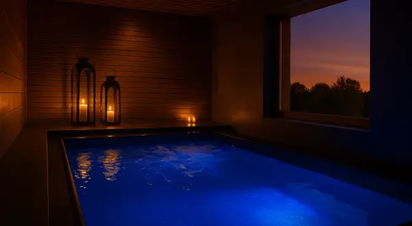 Relájate en este circuito spa en Valencia, con piscina azul, velas encendidas y una vista al atardecer.