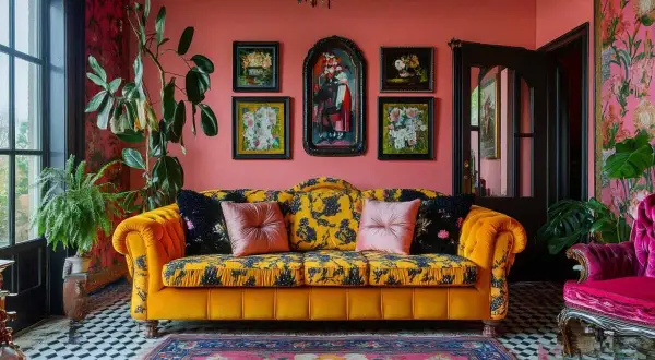 A vibrant living room showcasing maximalist art, with a yellow patterned sofa, pink pillows, and a bold floral rug.