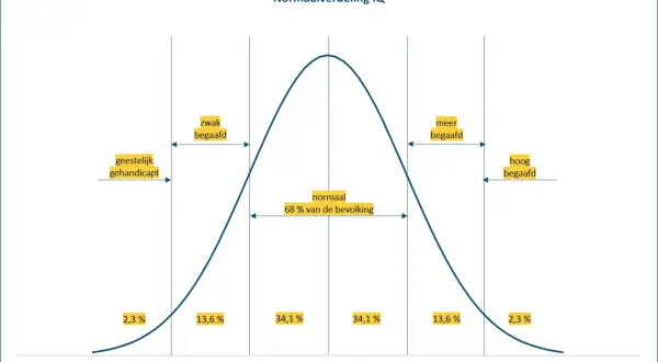 De normaalverdeling van IQ toont dat een IQ van 136 valt in de categorie 'hoog begaafd', wat zeldzaam is.