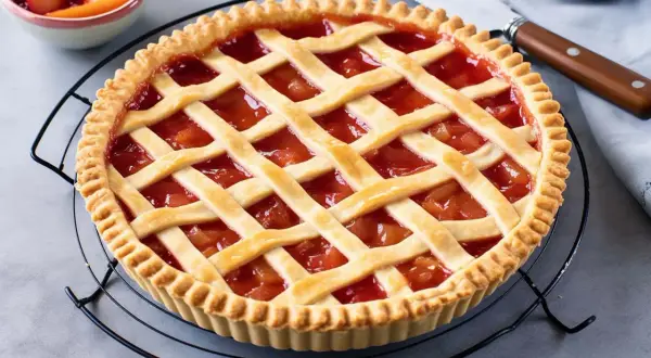 Torta con ripieno di frutta e griglia di pasta frolla classica, pronta per essere gustata.