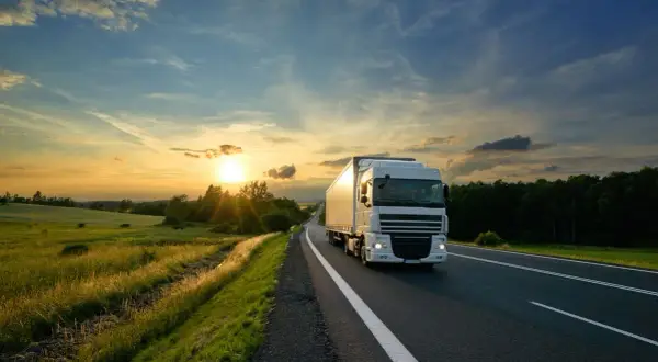 Un camion blanc roule sur une route au coucher du soleil, traversant une campagne verdoyante. C'est le quotidien de ceux qui travaillent sur la route.