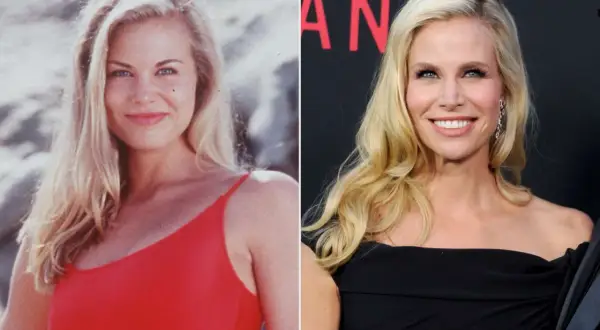 Słoneczny patrol obsada: Nicole Eggert w czerwonym stroju kąpielowym i później na premierze w czarnej sukni.