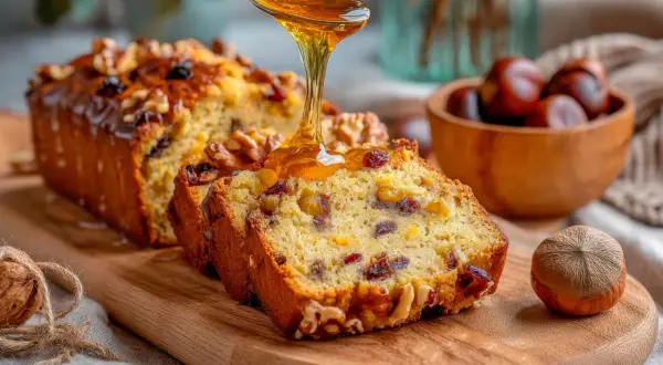 Tranche de cake aux fruits confits, garnie de noix, arrosée de miel doré. Un délice automnal.