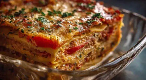 En saftig bit nyttig lasagne med lager av pasta, köttfärs och tomatsås, toppad med smält ost och persilja.