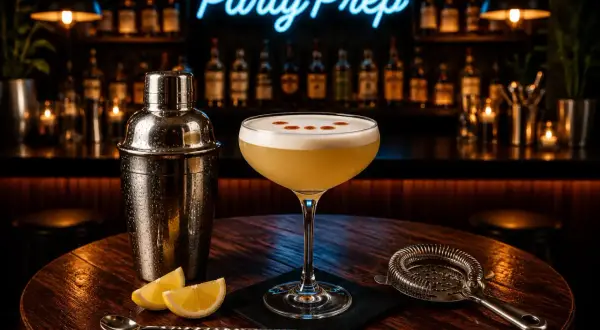 En perfekt whisky sour med skummig topp, bredvid en shaker och citronskivor. Baren i bakgrunden lyser med neonskylten "Party Prep".