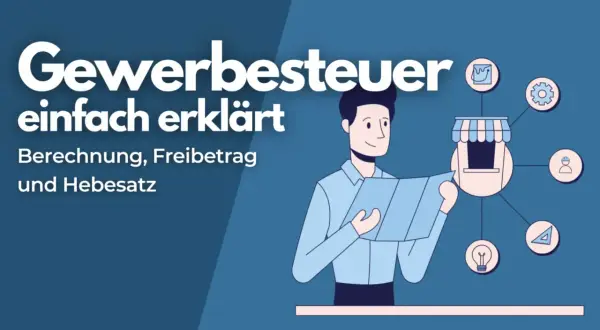 Mann liest über Gewerbesteuer: Berechnung, Freibetrag und Hebesatz. Wer zahlt Gewerbesteuer? Das Bild erklärt es einfach.