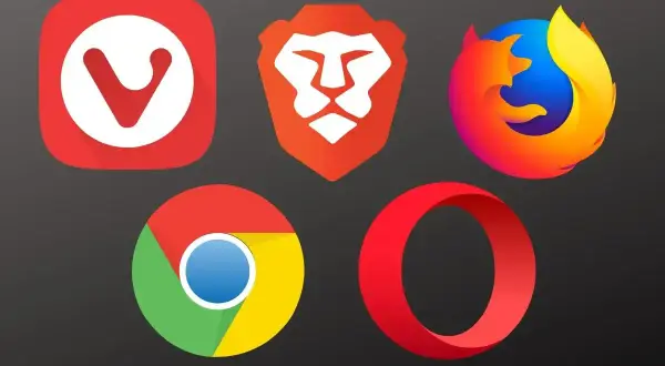 Ikony popularnych przeglądarek internetowych: Vivaldi, Brave, Firefox, Chrome, Opera. To narzędzia, dzięki którym przeglądasz sieć.