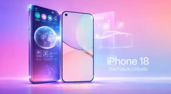 L'iPhone 18, avec son écran futuriste affichant une planète et des icônes lumineuses, promet une nouvelle ère technologique.