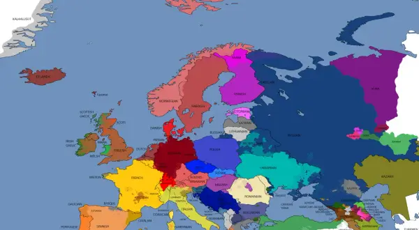 Mapa Europy z zaznaczonymi regionami, gdzie dominują różne języki europejskie, od islandzkiego po rosyjski.