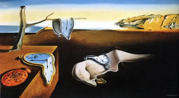 Płynące zegary na pustynnym krajobrazie, symbolizujące ulotność czasu. To kwintesencja surrealizmu co to.