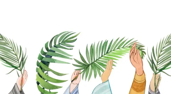 Hände halten Palmwedel hoch, wie es am Palmsonntag passiert.