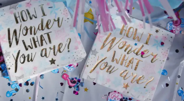 Tovaglioli a tema "How I wonder what you are?" per un baby shower, con stelle rosa e azzurre. Perfetti per creare l'atmosfera giusta con le canzoni per baby shower.
