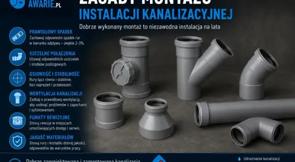 Różne kształtki i średnice rur pcv do instalacji kanalizacyjnej, prezentujące zasady prawidłowego montażu.