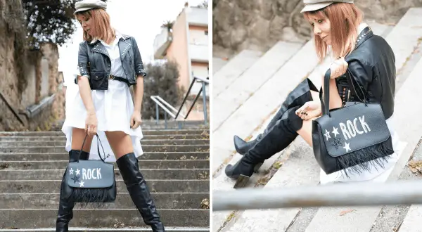Moda rock: come indossare una camicia lunga con giacca di pelle, stivali alti e borsa "ROCK".