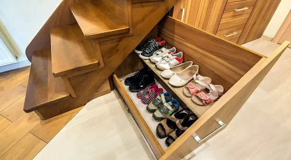 Wnęka pod schodami z szufladami na buty. Pomysły na przechowywanie obuwia w domu.