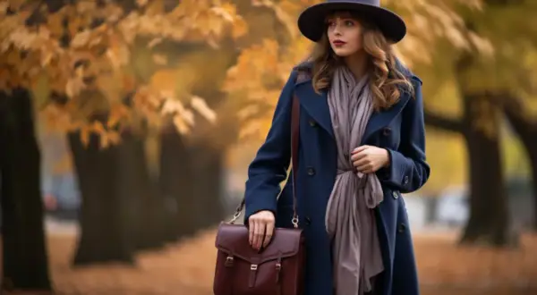 Elegancka kobieta w granatowym płaszczu, kapeluszu i szalu, z bordową torebką, na tle jesiennego parku. Granatowy płaszcz stylizacje na jesień.