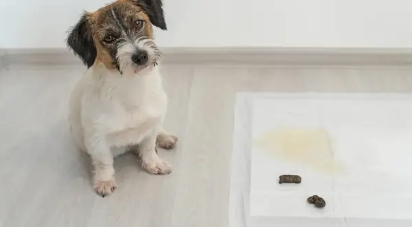 Un cachorro mira con curiosidad una alfombrilla de entrenamiento con excrementos. La pregunta es: cuanto tarda un cachorro en aprender a hacer sus necesidades.
