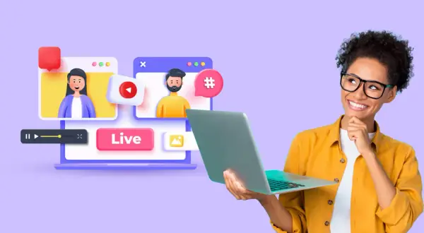 Frau mit Laptop denkt über ihren Fernkurs Buchhaltung nach. Online-Lernen mit Live-Videos und Chat-Funktion.