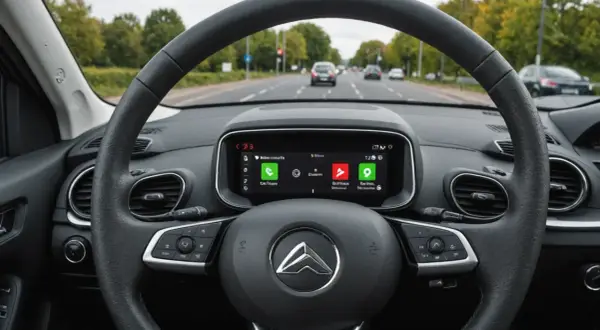 Tableau de bord d'une Citroën C3, affichant le menu du système multimédia. Une option pour réinitialiser la direction assistée électrique est visible.