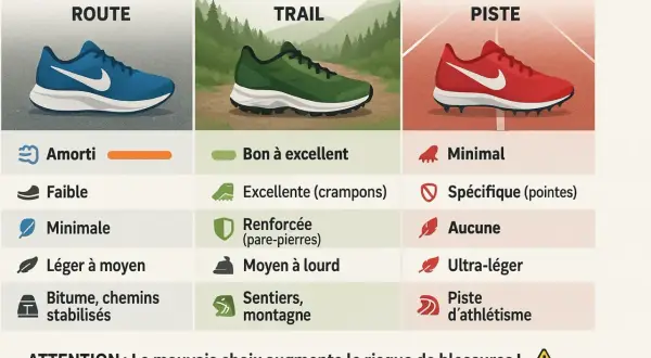 Tableau comparatif des chaussures de route, trail et piste. Il détaille la différence chaussure trail et running, leurs caractéristiques et usages.
