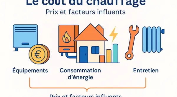 Illustration des coûts liés à l'installation et à l'entretien d'un chauffage central : équipements, consommation d'énergie et maintenance.