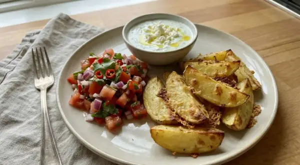 En tallrik med ugnsrostad potatis, färsk tomatsalsa och en krämig dipp. Perfekt för en härlig grillkväll!