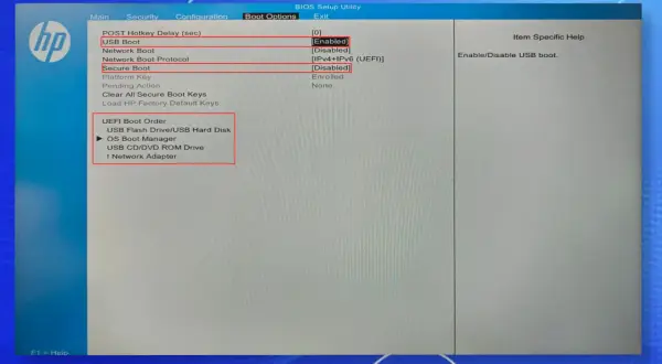 Ustawienia BIOS HP. Widoczna opcja "UEFI Boot Order", gdzie można wybrać kolejność bootowania, np. z pendrive'a z systemem Linux.
