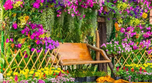 Kolorowy ogród pełen kwitnących kwiatów ogrodowych, z huśtawką pośrodku. Widać orchidee, petunie i inne rośliny.