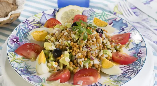 Deliciosa ensalada de lentejas y arroz con huevo duro, tomate, aguacate y aceitunas, servida en un plato con motivos marinos.