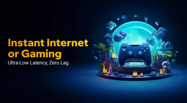 Experience instant internet and gaming with ultra-low latency. A controller sits on a platform surrounded by floating game elements, symbolizing zero lag.