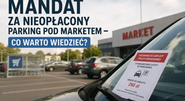 Mandat za nieopłacony parking pod marketem. Na szybie samochodu wezwanie do zapłaty 250 zł za parkowanie.