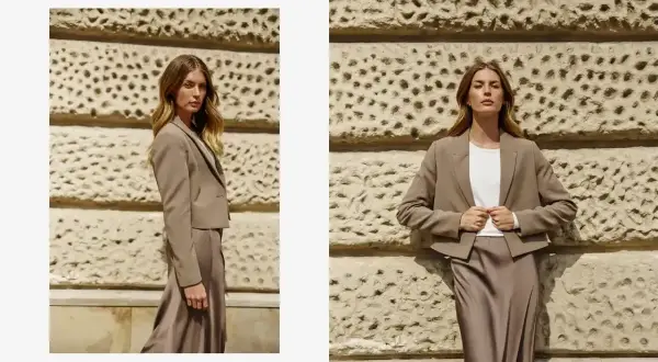 Elegancka beżowa marynarka męska w stylizacjach z jedwabną spódnicą. Klasyka i nowoczesność w jednym.