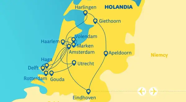 Mapa pokazuje gdzie jest Holandia, z zaznaczonymi miastami: Amsterdam, Haga, Rotterdam, Utrecht, Giethoorn i innymi.