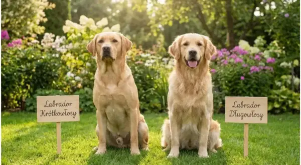 Dwa psy, labrador i golden retriever, siedzą na trawie w ogrodzie. Jeden to labrador krótkowłosy, drugi to labrador długowłosy.