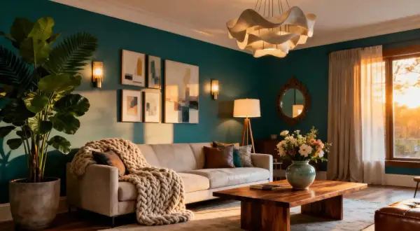 A cozy living room with a plush sofa, chunky knit throw, and abstract art. This space shows how to decorate a room with warm lighting and natural elements for a serene atmosphere.