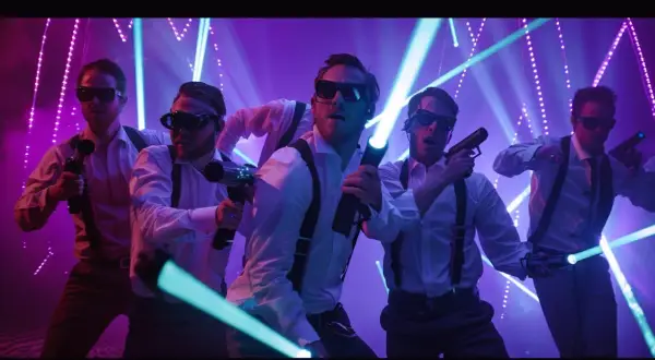 Gruppo di amici in camicia bianca e bretelle, occhiali da sole e pistole laser, pronti per un addio celibato o nubilato in un tripudio di luci.