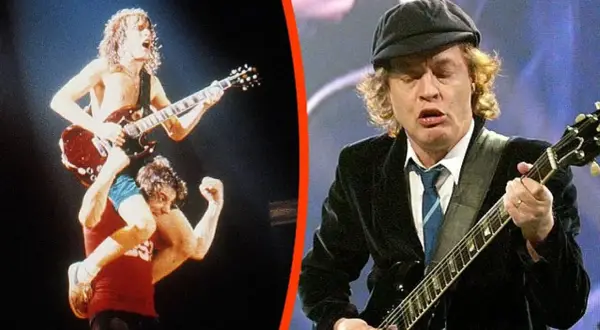 AC/DC na żywo: jeden z członków zespołu gra na gitarze, siedząc na ramionach drugiego. Obok, Angus Young w czapce i marynarce, grając na gitarze. To są ich największe przeboje.