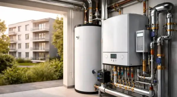 Moderne Heizungsanlage mit Gastherme und Warmwasserspeicher, die in Mehrfamilienhäusern für Wärme sorgt. Ein Gasheizung Verbot in Mehrfamilienhäusern rückt näher.
