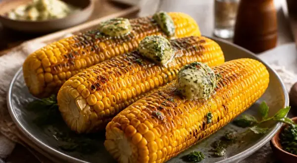 Drei gegrillte Maiskolben mit Kräuterbutter, perfekt zum mais kochen.