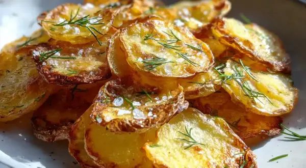 En hög med gyllene, råstekt potatis, toppad med färsk dill och flingsalt. Perfekt som tillbehör.