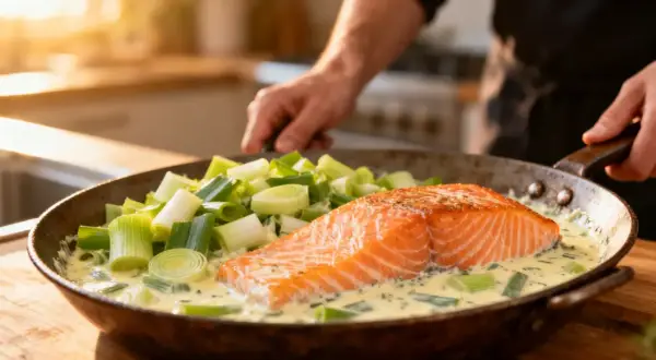 Un pavé de saumon cuit dans une sauce crémeuse avec des poireaux coupés. Une recette fondue de poireaux simple et savoureuse.