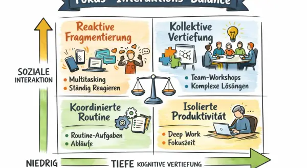 Diagramm zeigt vier Quadranten für zeitmanagement methoden: reaktiv, kollektiv, koordiniert & isoliert.